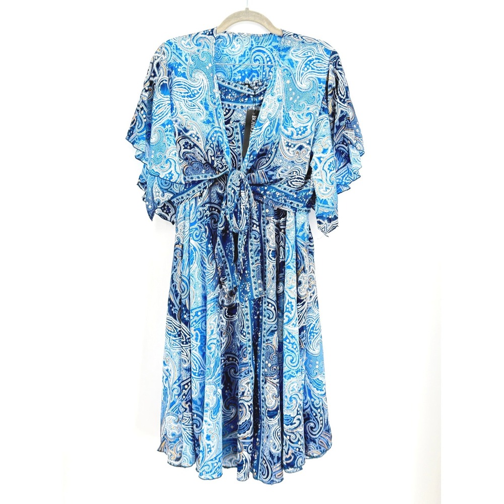 Boho Miami New Silk Blend Blue Paisley 2 pc Set Tie Top Wide Leg Cropped Pant OS
